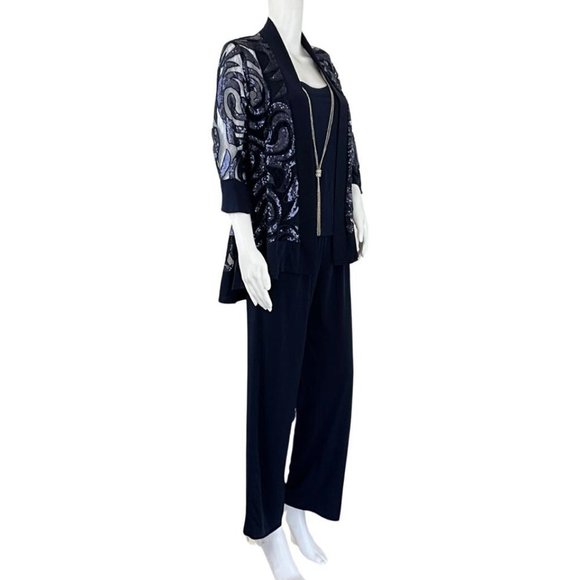 R&M Richards Women’s 3 Piece Sequin Swing Jacket, Blouse, Pants Navy Blue Sz 8P - Picture 2 of 7